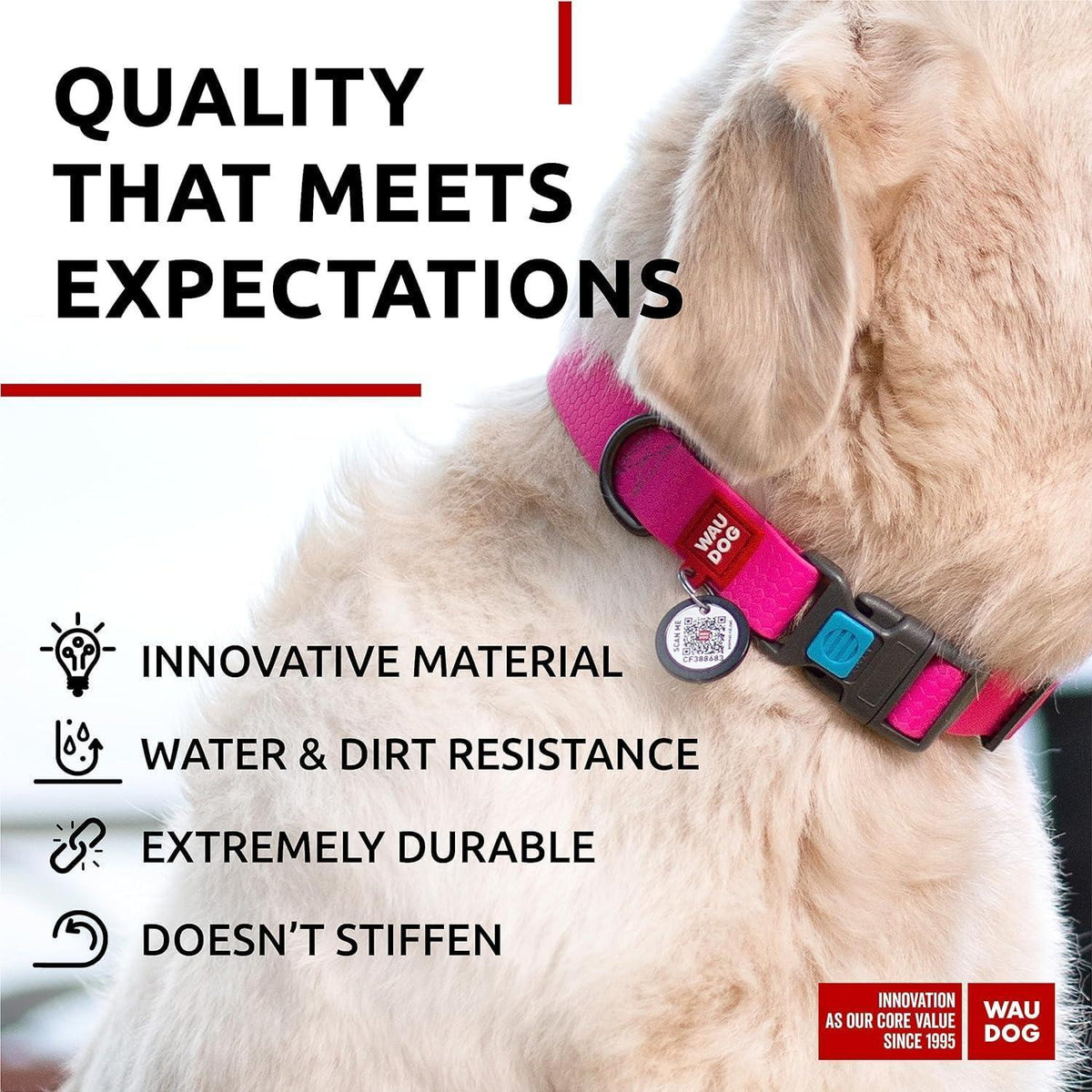 Waterproof Dog Collar Adjustable 17–28 in Neck x 1 3/5 in Wide Buckle & QR Tag Pink