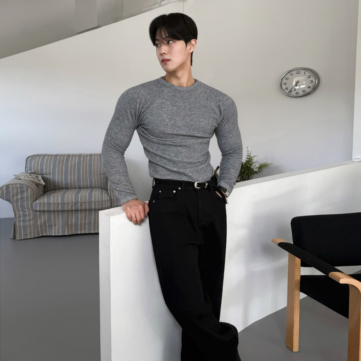 Mens Solid-Color Crew-Neck Long-Sleeve T-Shirt Autumn Slim-Fit Base Layer Top