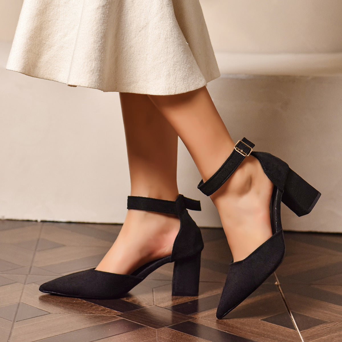 Pointed-toe Ankle-strap Hollowed-out Chunky-heel Sandals