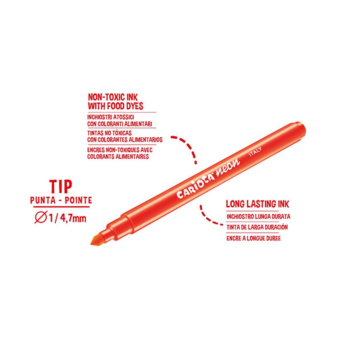 Carioca Washable Neon Marker Pens - 8-Pack, Vibrant Fluorescent Colors for Kids and Artists