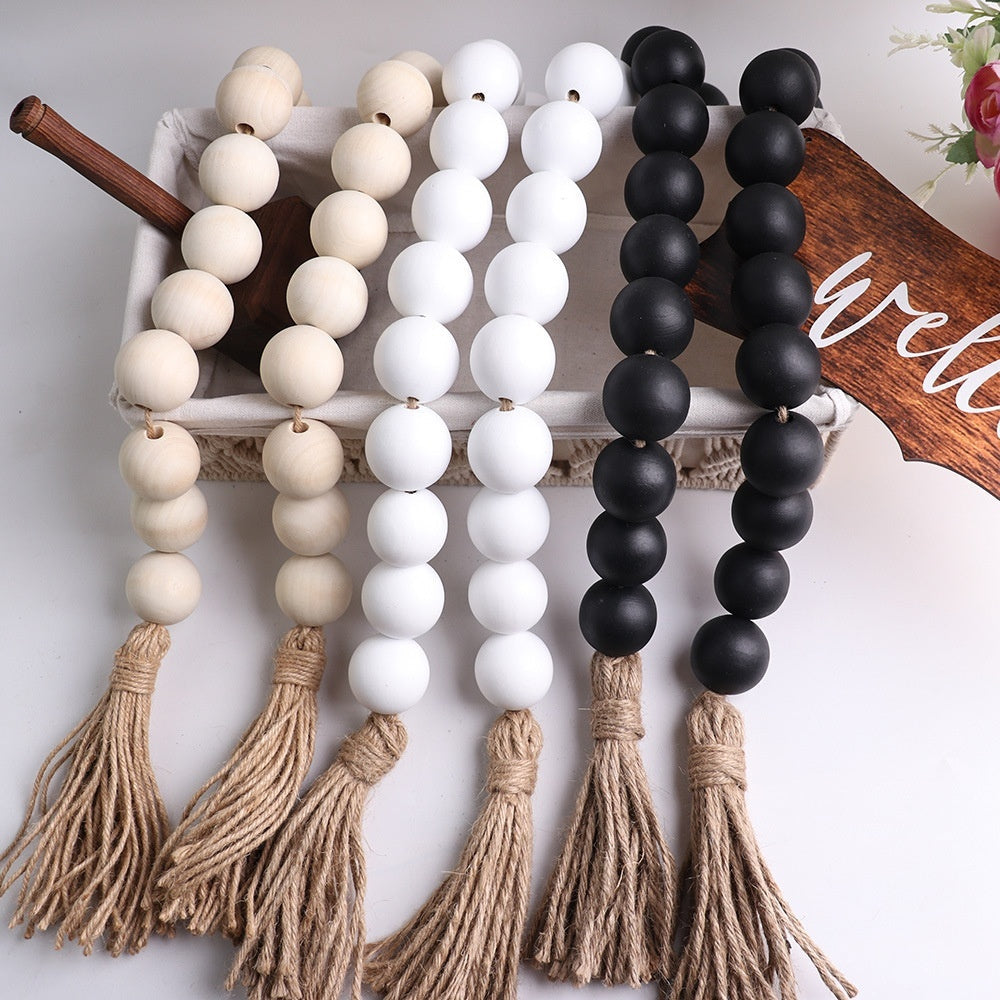 18-bead Large-size Bead Necklace With Hemp Rope Tassels And Wooden Beads