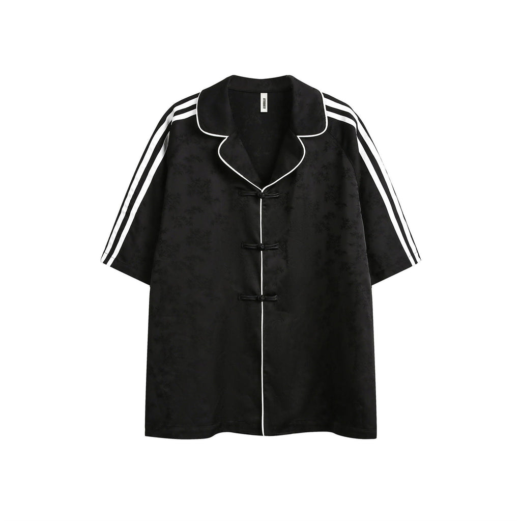 Striped Black Short Sleeve Turn-down Collar Shirt