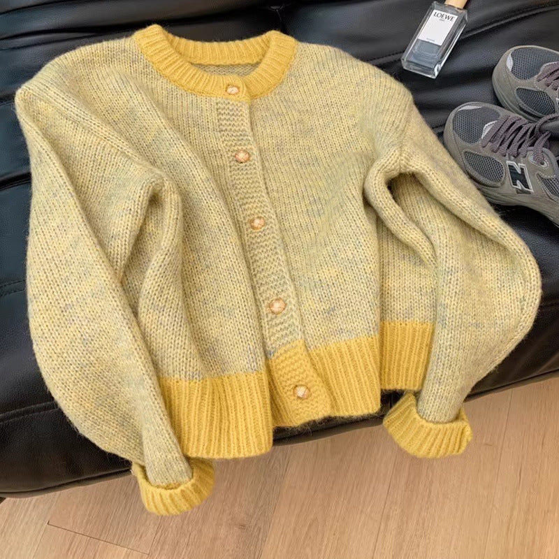 Chic Yellow Short Knit Cardigan for Women, Thick Cozy Style, Loose Fit, Petite Size, Autumn and Spring Wear