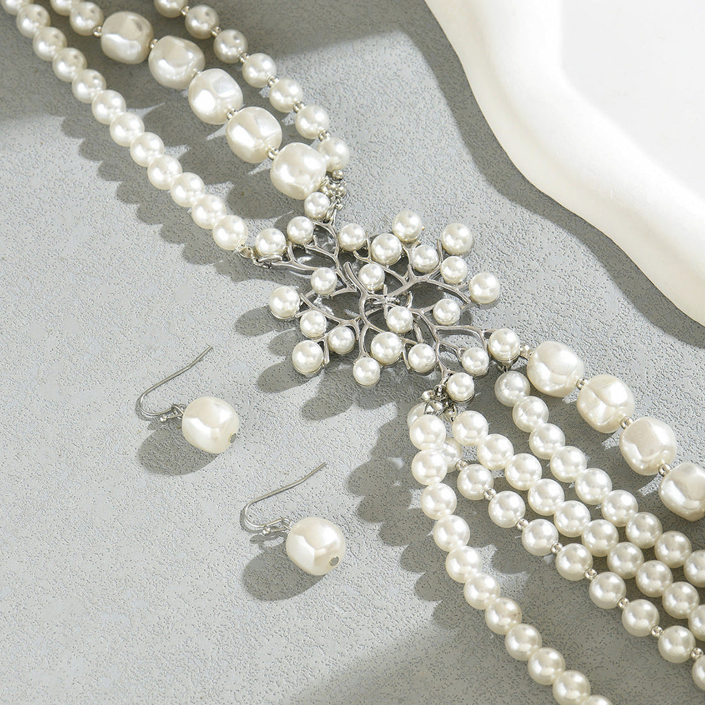 Stylish European American Geometric Women Jewelry Set, Unique Design With Strung Faux Pearls, Versatile Elegant Matching Necklace And Stud Earrings For Daily Wear