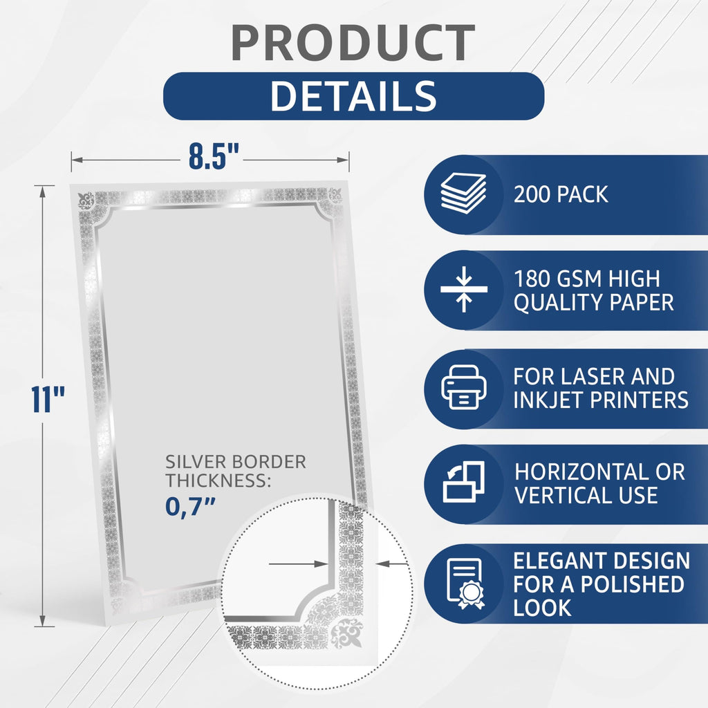 200 Certificate Paper 8.5 x 11 inch for Printing Blank Certificate Papers for Award Certificates & Diploma Paper Premium Silver Foil Award Papers Cardstock for Awards & Certificates Graduation