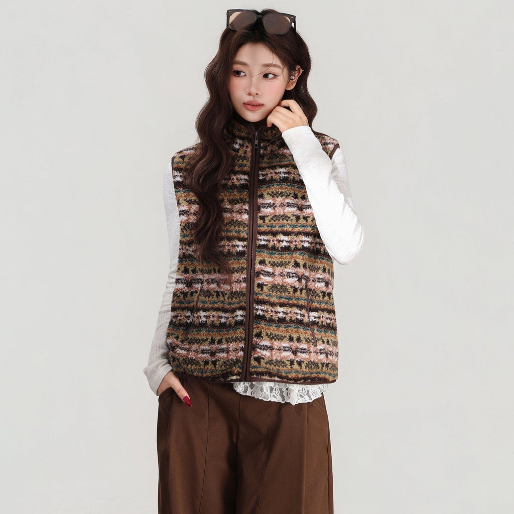 Retro Stand-collar Lamb Wool Vest Women's Cardigan Jacket For Autumn And Winter Layering