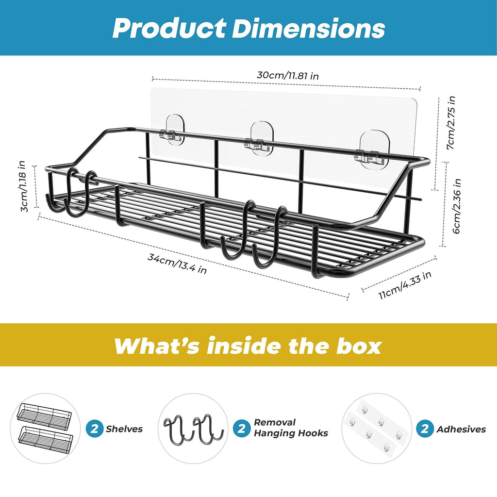 Adhesive Shower Caddy 2 Pack Black Shelf Organizer with Hooks Stainless Steel