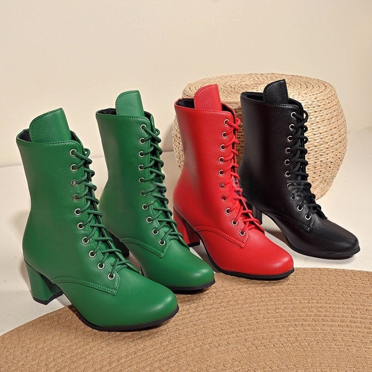 Womens Fashionable Block-heeled Lace-up Boots In Large Sizes