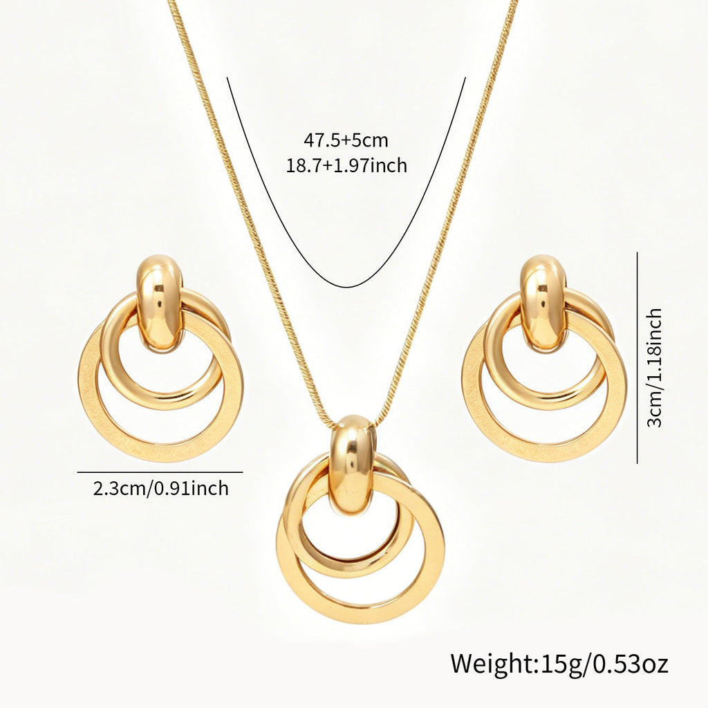 Cross-border European American Daily Versatile Metal Geometric Circle Jewelry Set, Premium Texture Matching Necklace & Stud Earrings For Women