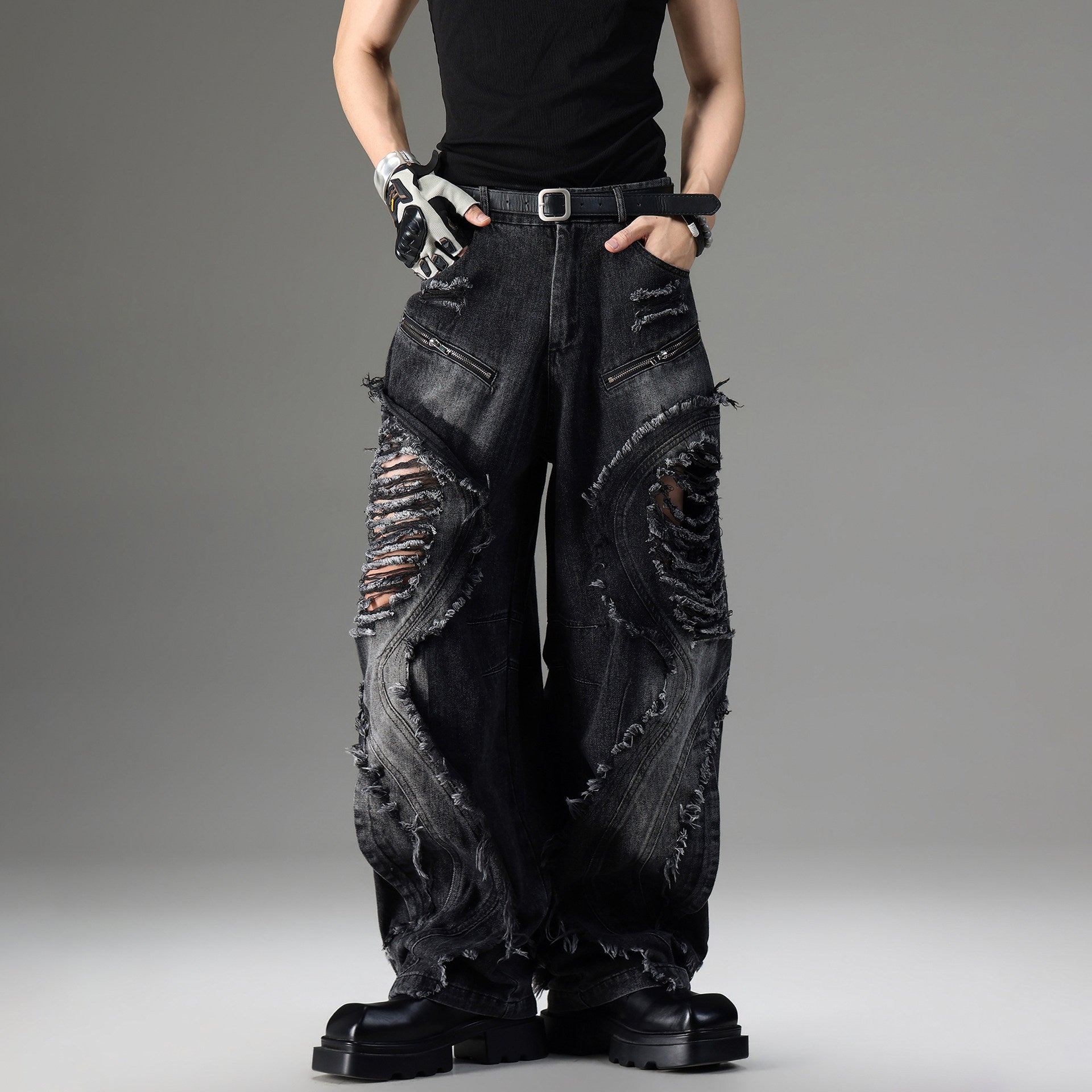 American-style Vintage Deconstructed Distressed Jeans