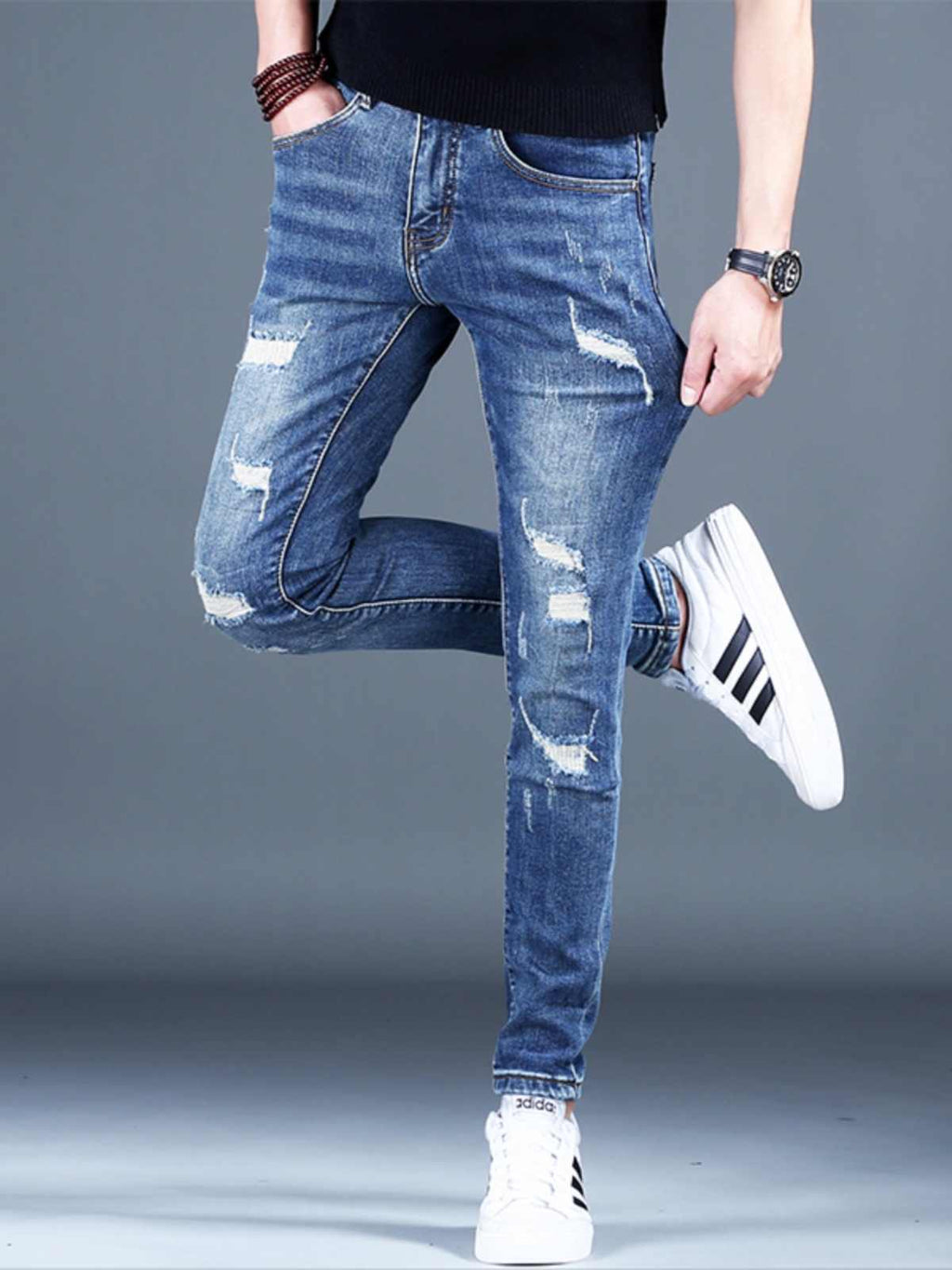 Ripped Fleece Slim-fit Stretch Jeans