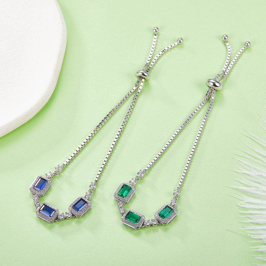 S925 Sterling Silver Adjustable Bolo Bracelet, 6x4mm 3-Stone Lab-Grown Emerald Sapphire Halo, 21cm Platinum Plated 6.2g Women's Jewelry Gift Box
