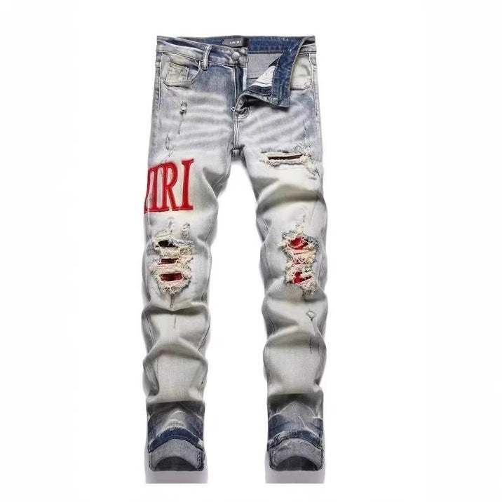 Punk Retro Blue Ripped Slim Fit Men's Jeans