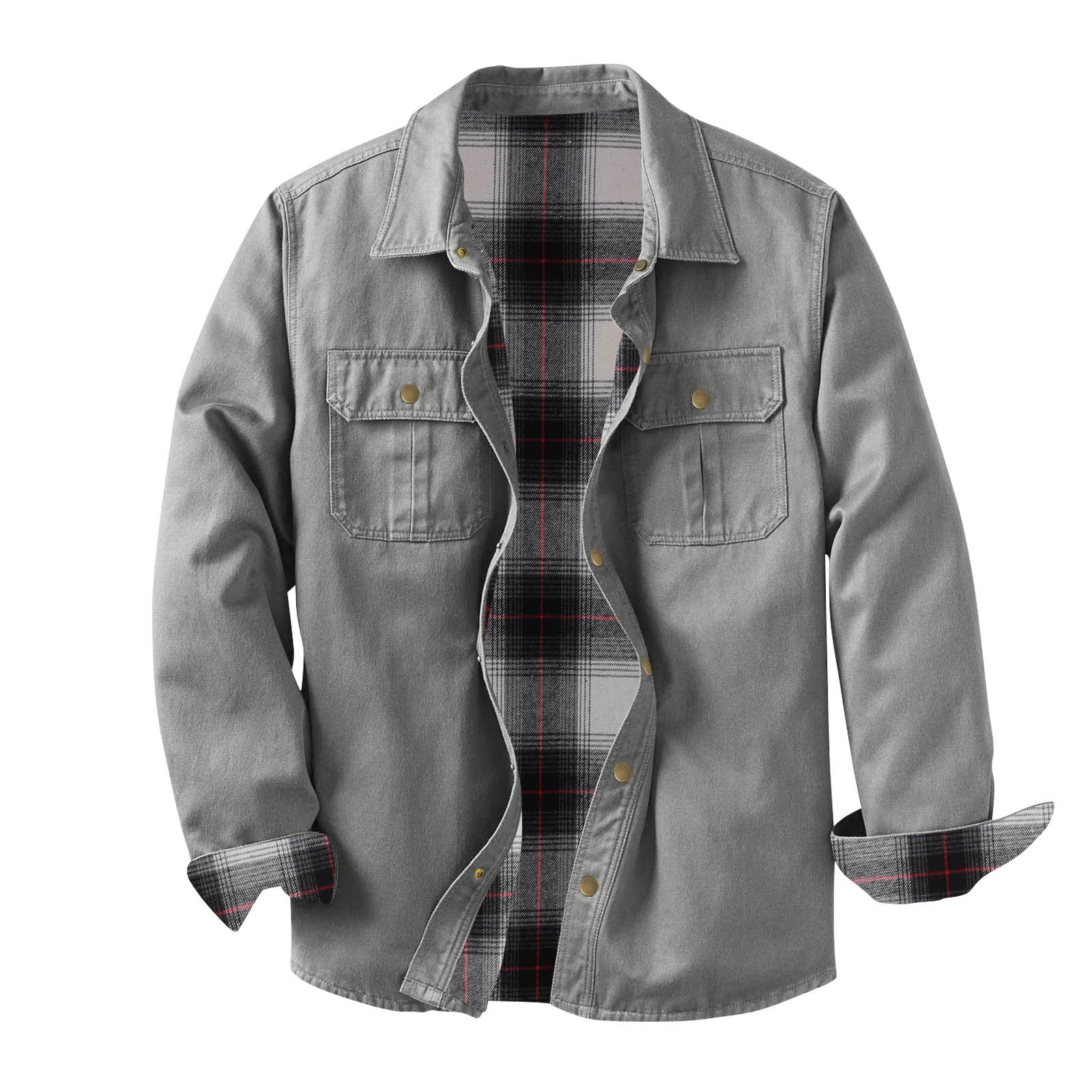 Washed Canvas Work Jacket With A Plaid Lining, Durable And Warm