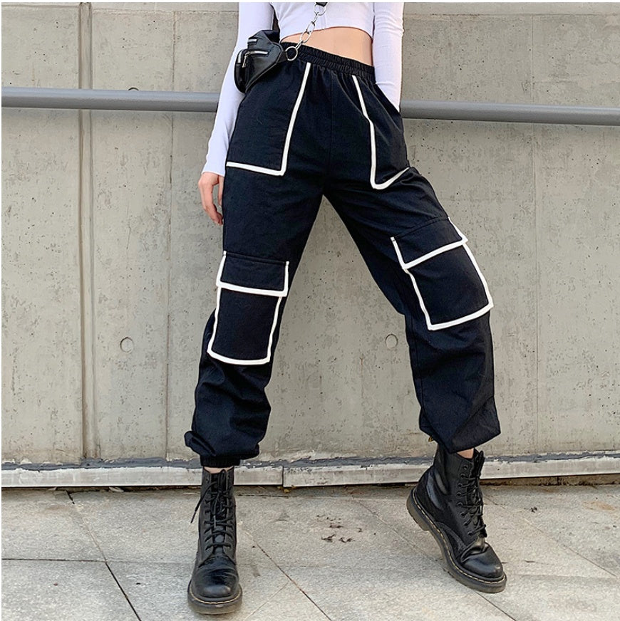 White Stripe Cargo Pants Women Trousers Pockets Patchwork Contrast Color High Waist Pants Hip Hop Capris
