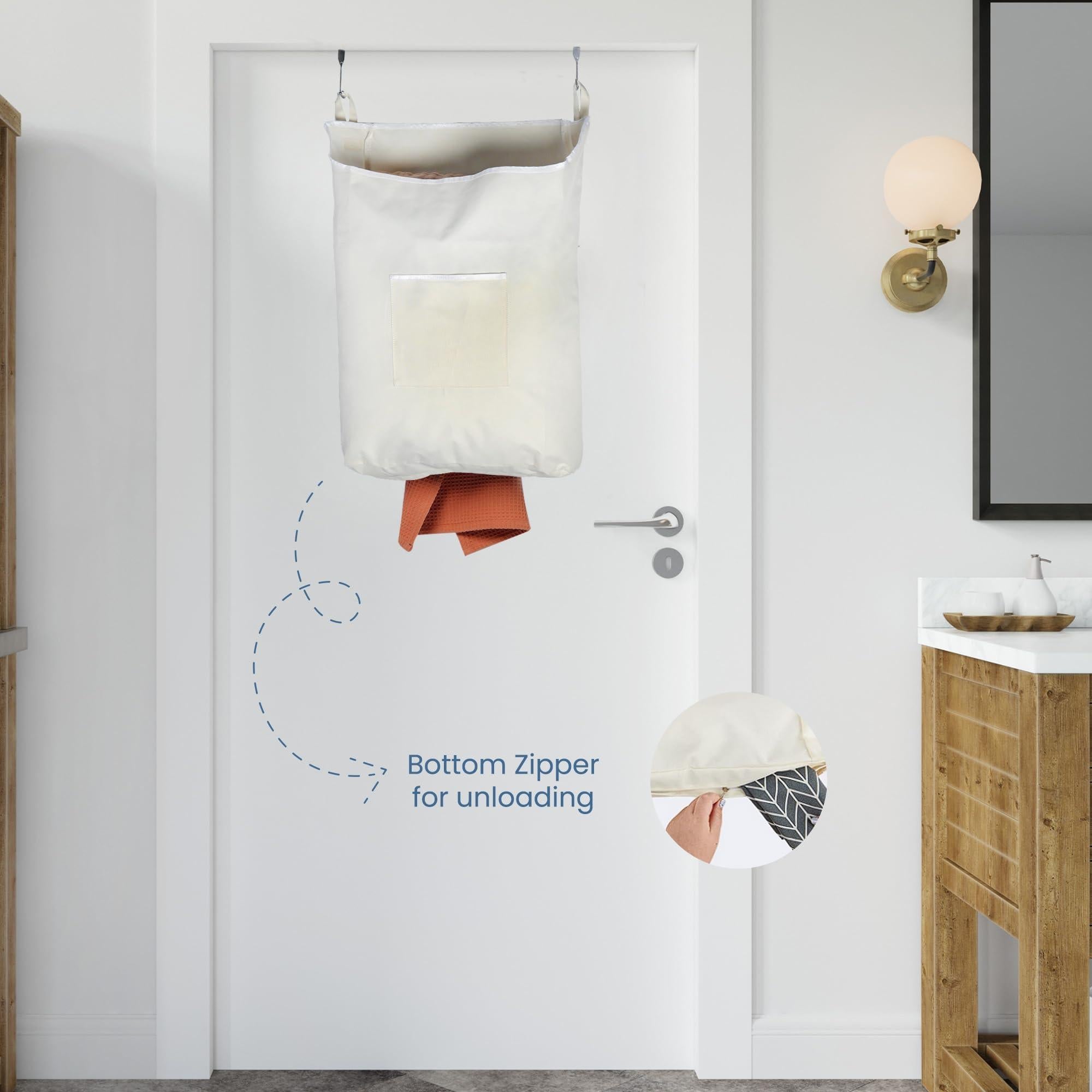 The Fine Living Co. Hanging Laundry Hamper with Over Door Hooks & Adhesive Durable Space Saving Laundry Bag with Zipper and Wide Open Top Hanging Dorm Laundry Hamper 18 x4.75 x28 (Beige L)