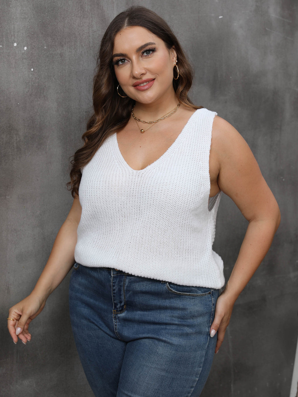 Ladies' Cross-Back V-Neck Casual Knit Top, Oversized Machine-Knitted Sweater, Basic Layering Top