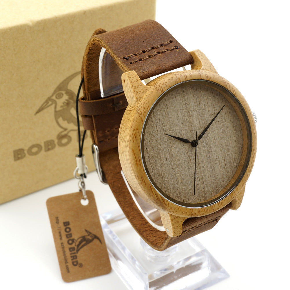 Single-bamboo Wooden-layer Cowhide Mens Wooden Watch