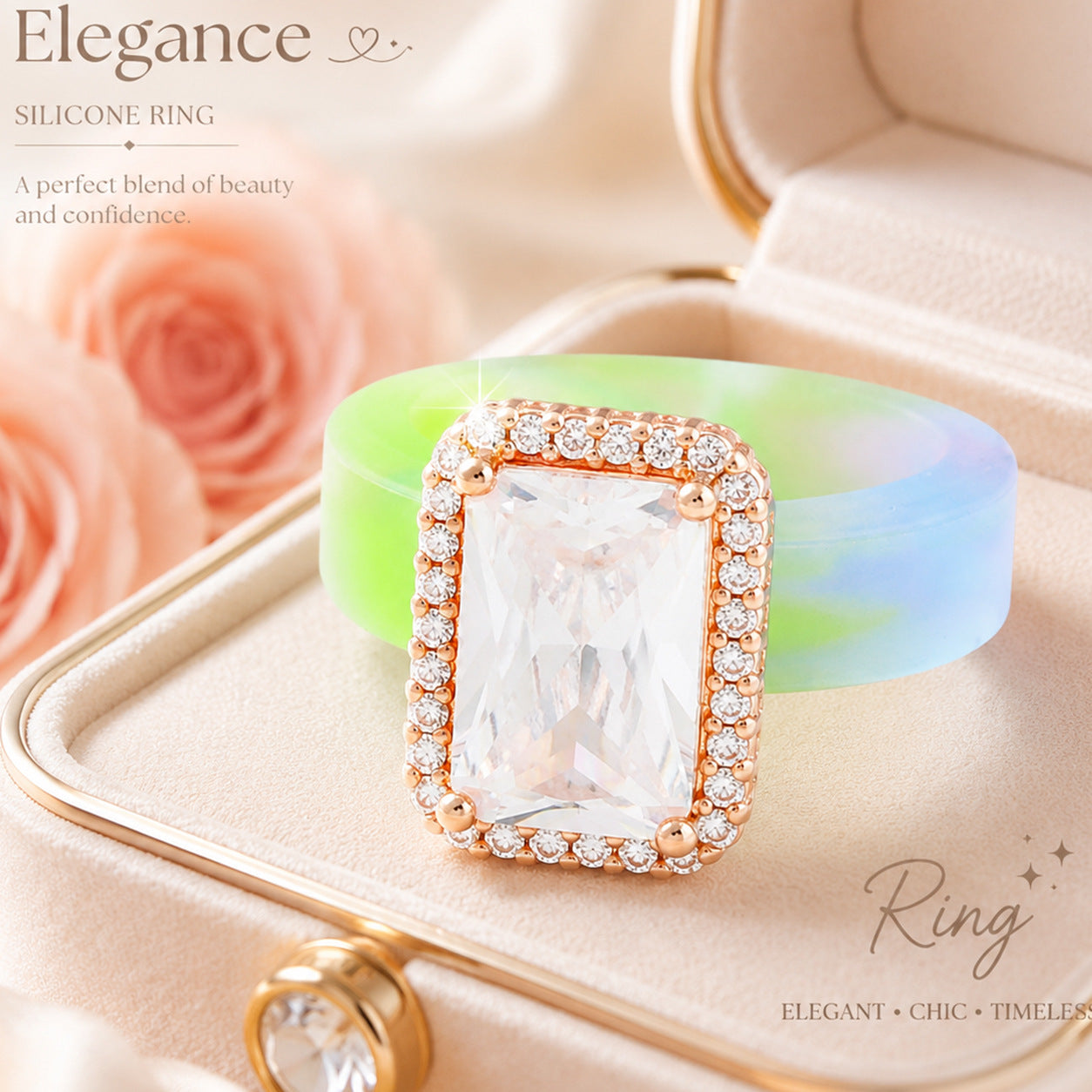 Silicone Inlaid Square Zircon Ring