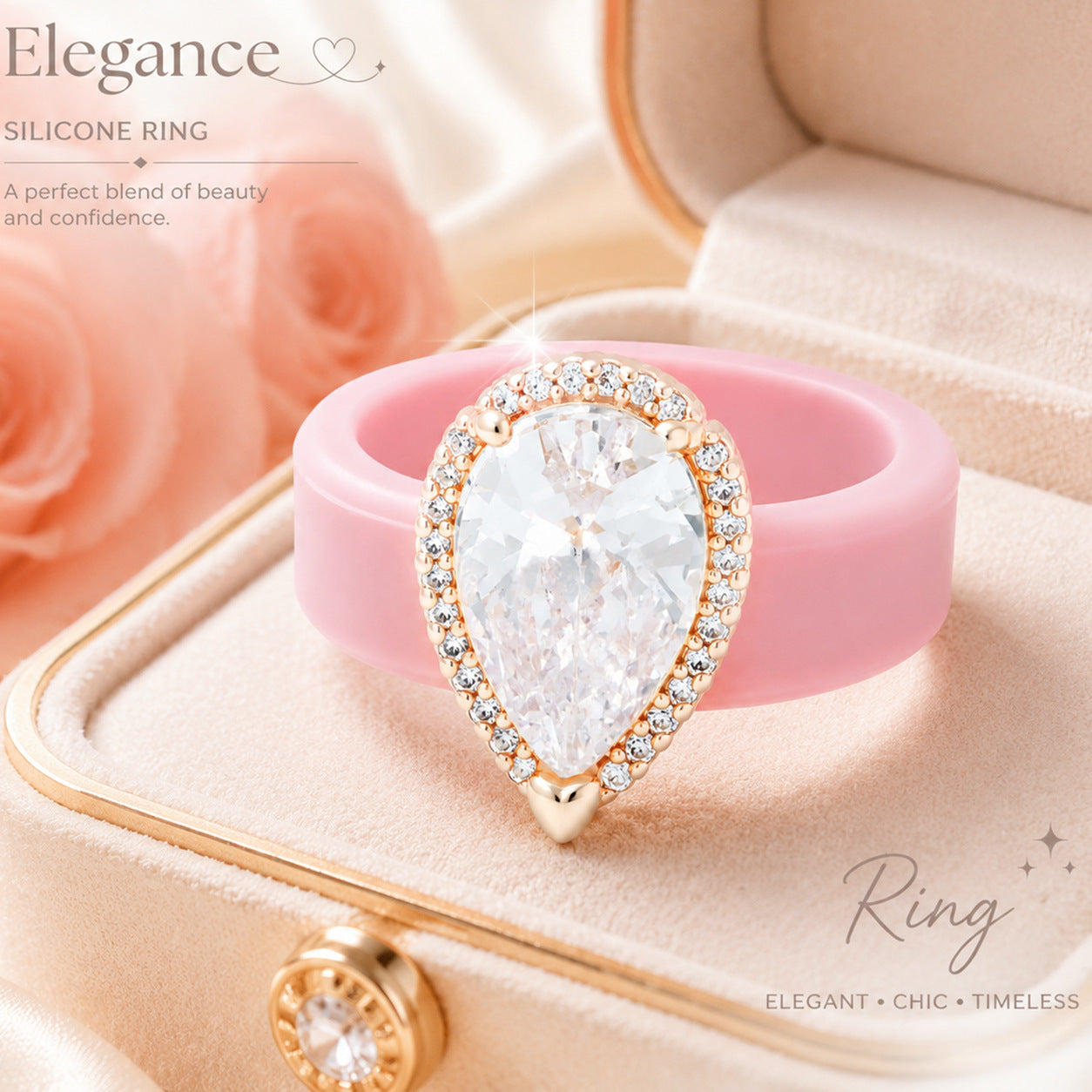 Silicone-inlaid Water-drop-shaped Zircon Ring
