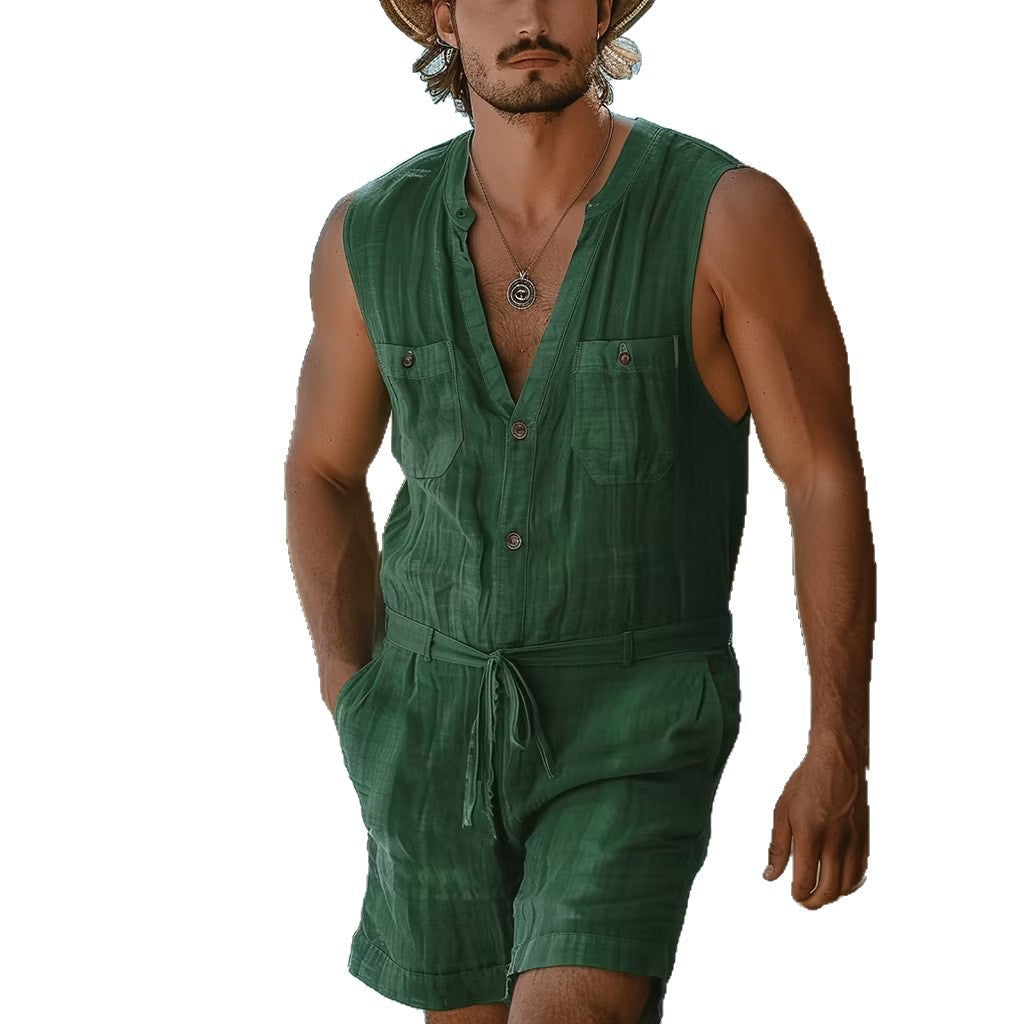 SpringSummer Mens Sleeveless Vest And Drawstring Shorts Set For Beach Outdoor Wear