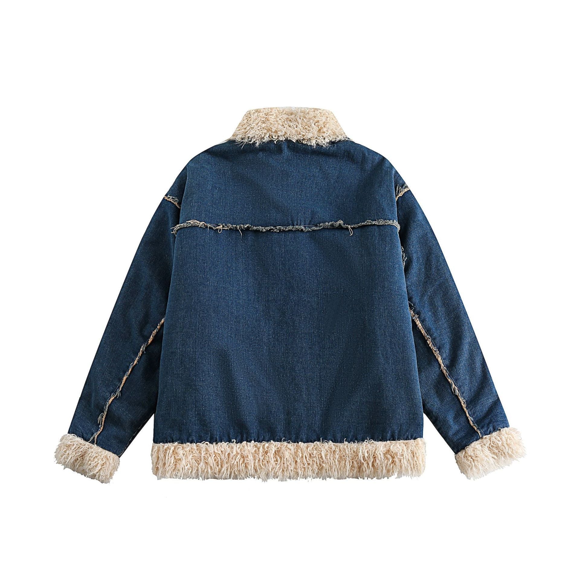 Blue Denim Fur Collar Coat Women's Retro Cotton