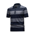 Men's Navy & Grey Horizontal Striped Knit Polo Shirt, Short Sleeve Casual Top