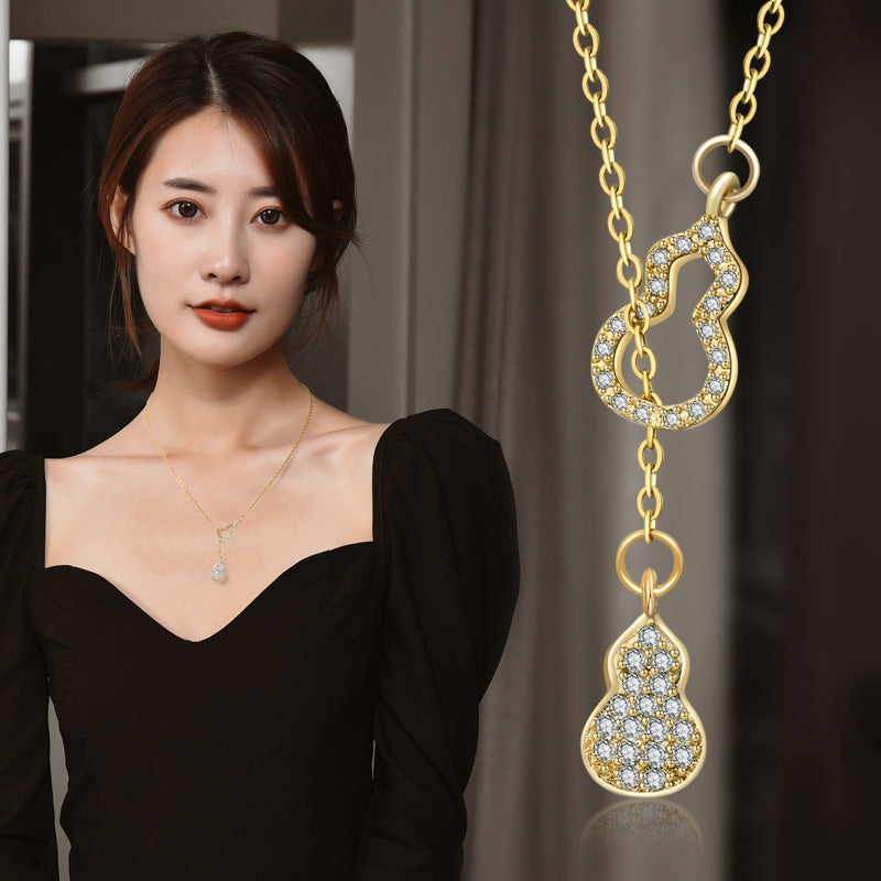 Dainty Lucky Gourd Zircon Pull Adjustable Necklace For Women, Y-Shape Tassel Collarbone Chain, Elegant Oriental Long Sweater Chain Fashion Jewelry