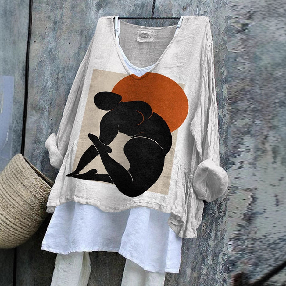 SpringSummer V-neck Long-sleeve Shirt Artistic Retro And Relaxed-fit