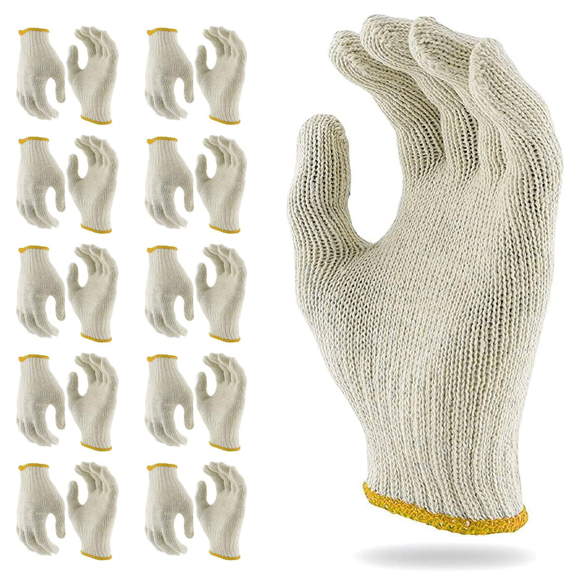12 pairs String Knit Work Gloves 10 Inch Cotton and Polyester String Knit Gloves. Reusable Roping Gloves for Men and Women with Yellow Line.