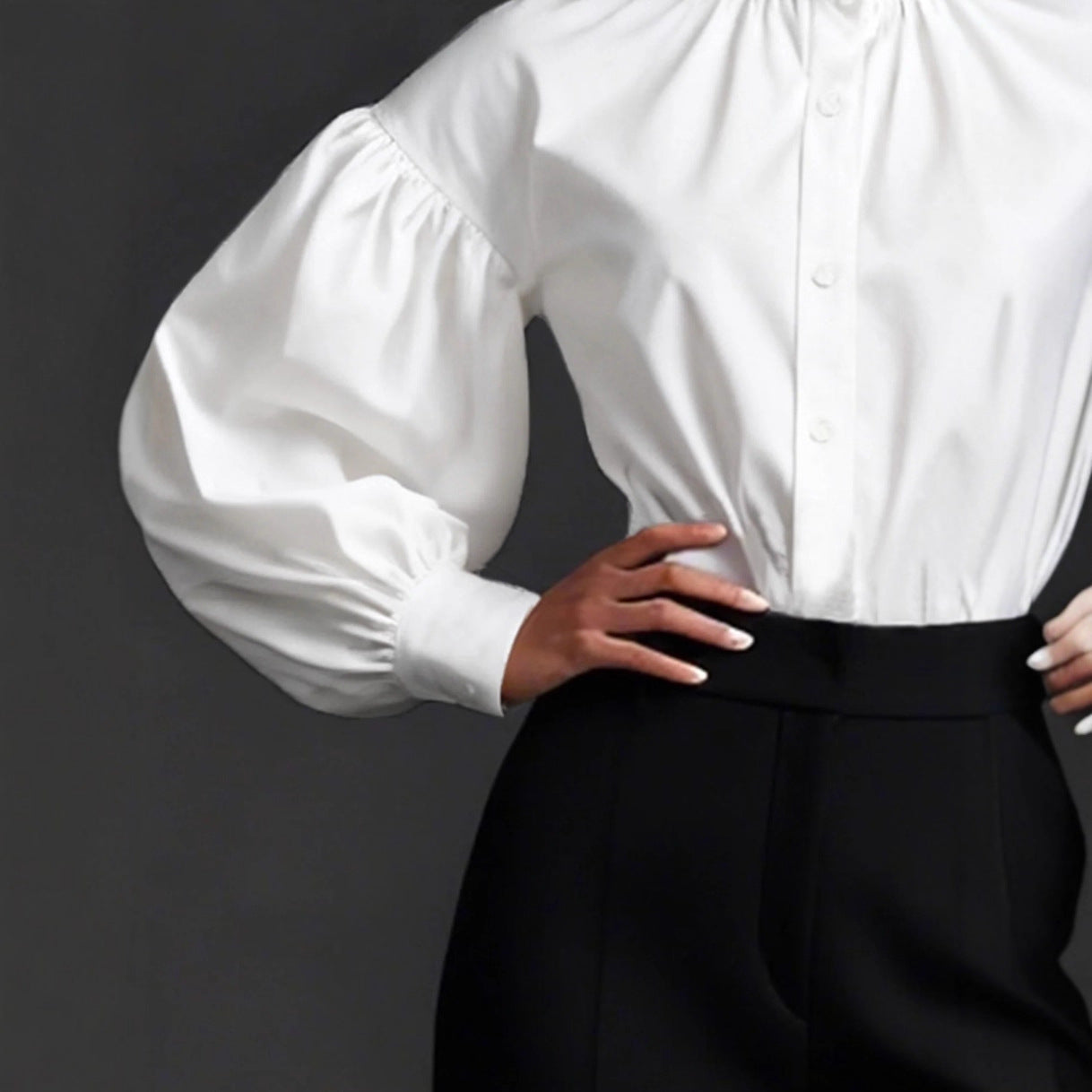 Stylish And Elegant Womens Pleated High-neck Blouse With Puffed Sleeves