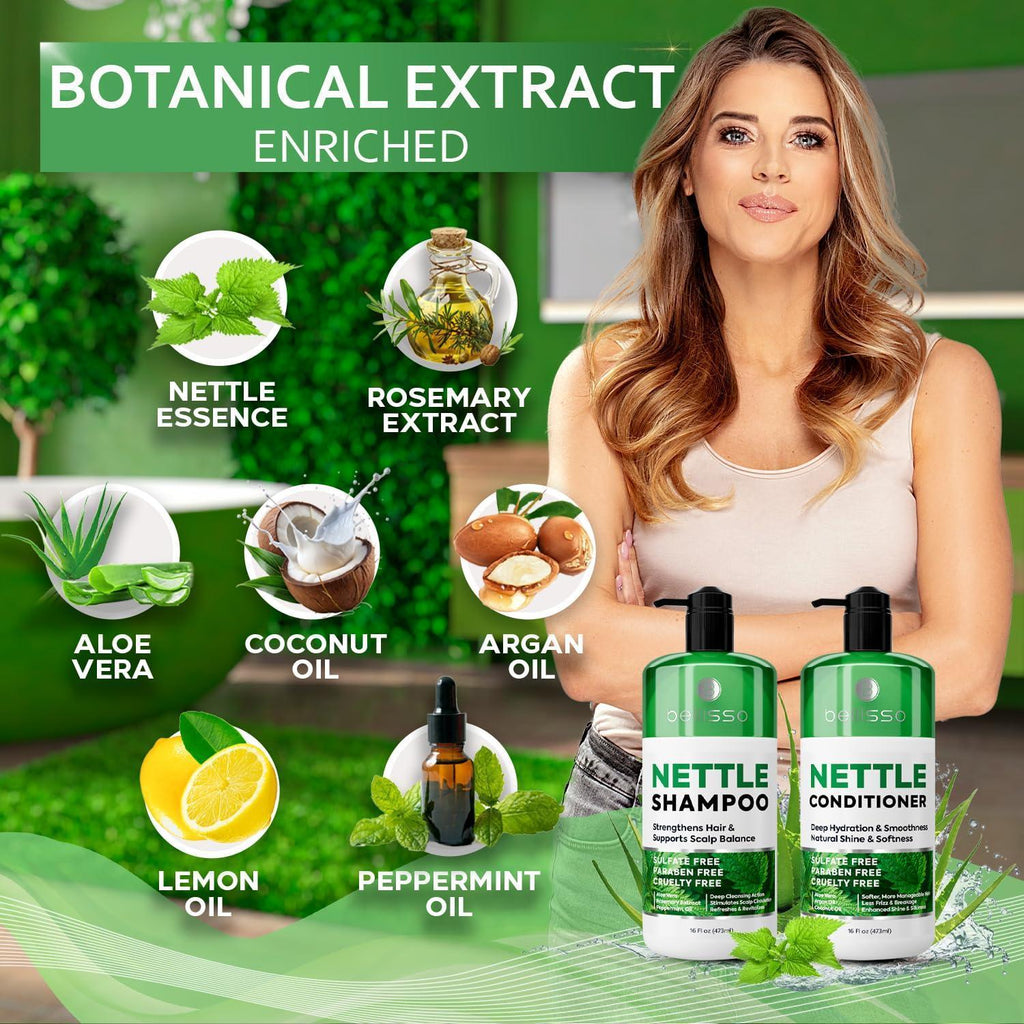 Nettle Shampoo and Conditioner Set 16.9 Fl Oz 2 Pack Sulfate Free to Boost Volume Thickening Strengthening Volumizing Formula for Fine and Thinning Hair Women and Men (Pack of 2)