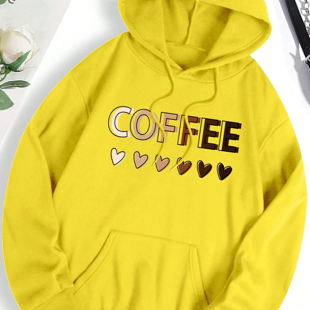 Casual Hooded Sweatshirt With Coffee-themed Lettering Print
