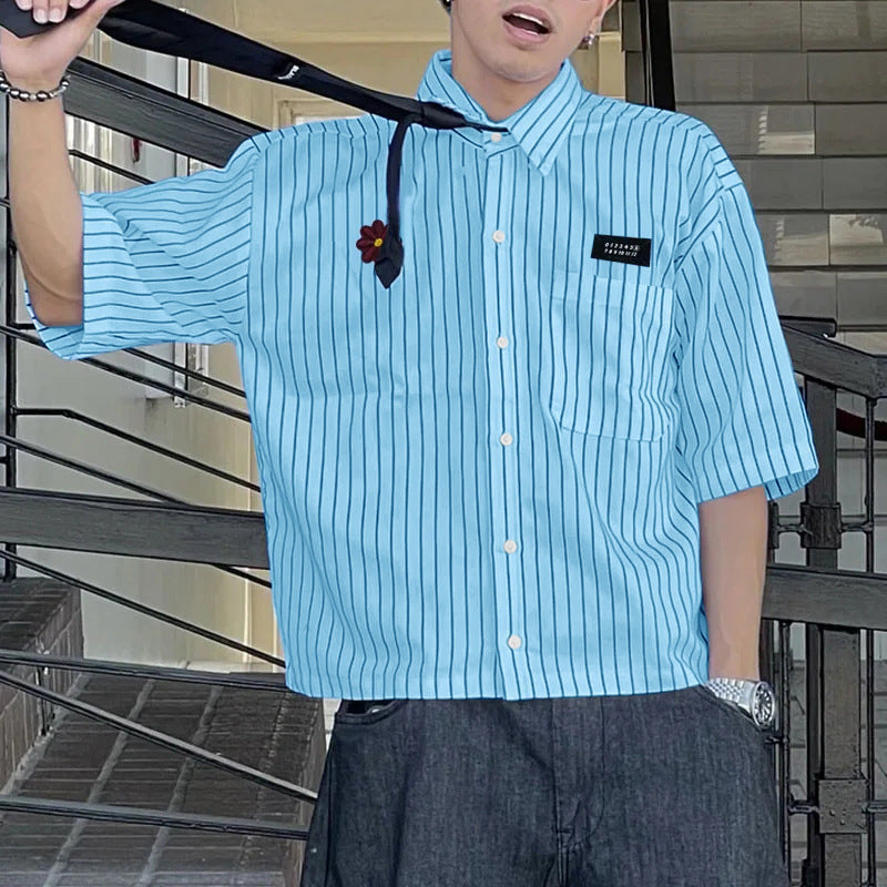 Loose-fitting Cropped Mens Striped Short-sleeve Shirt