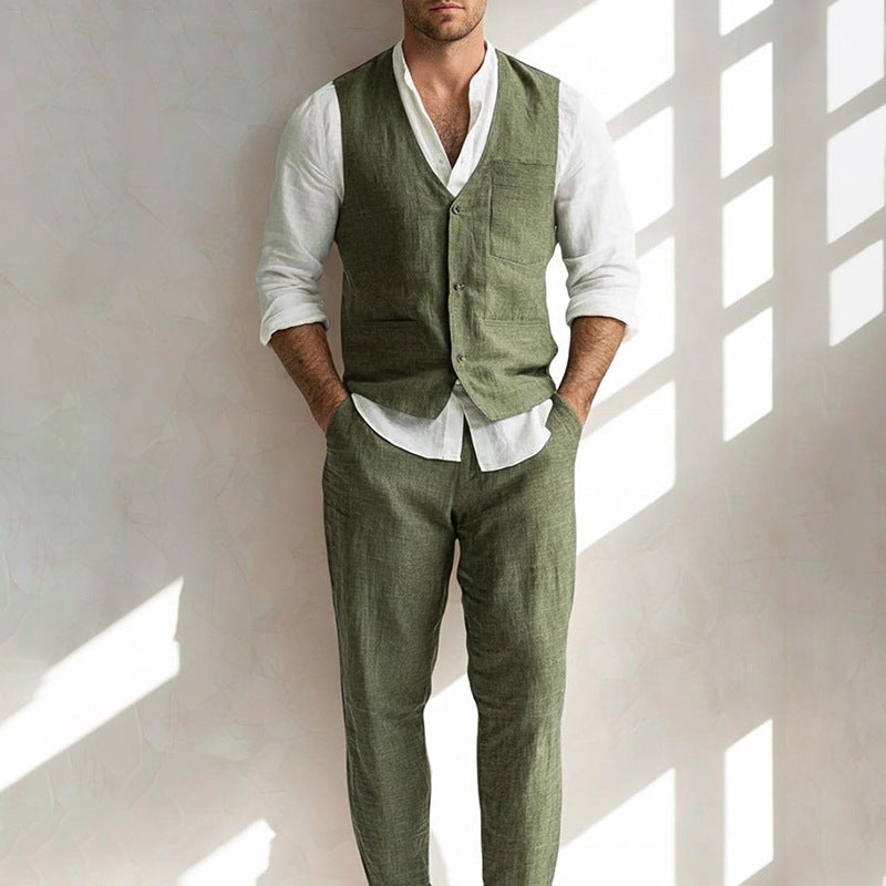 New AutumnWinter Mens Retro-Style Button Vest Jacket And Casual Trousers Set