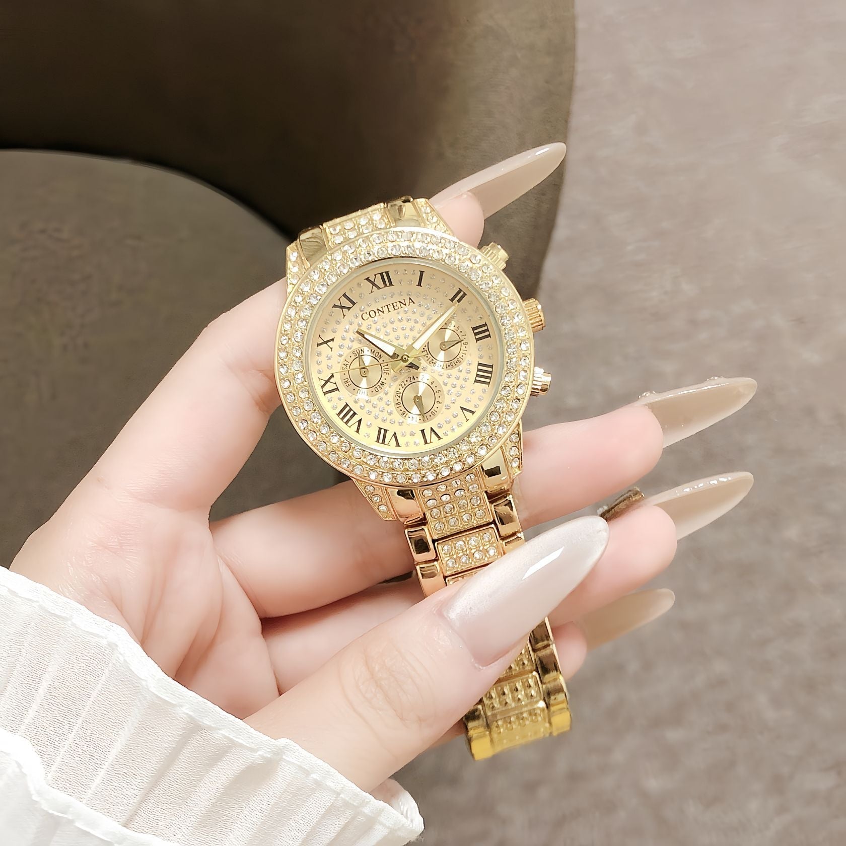New CONTENA Fully Diamond-encrusted Gold Womens Watch