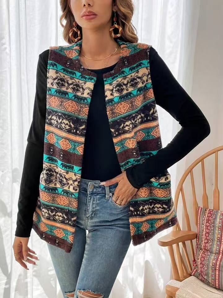 Women's Printed Double-sided Plush Buttonless Cardigan