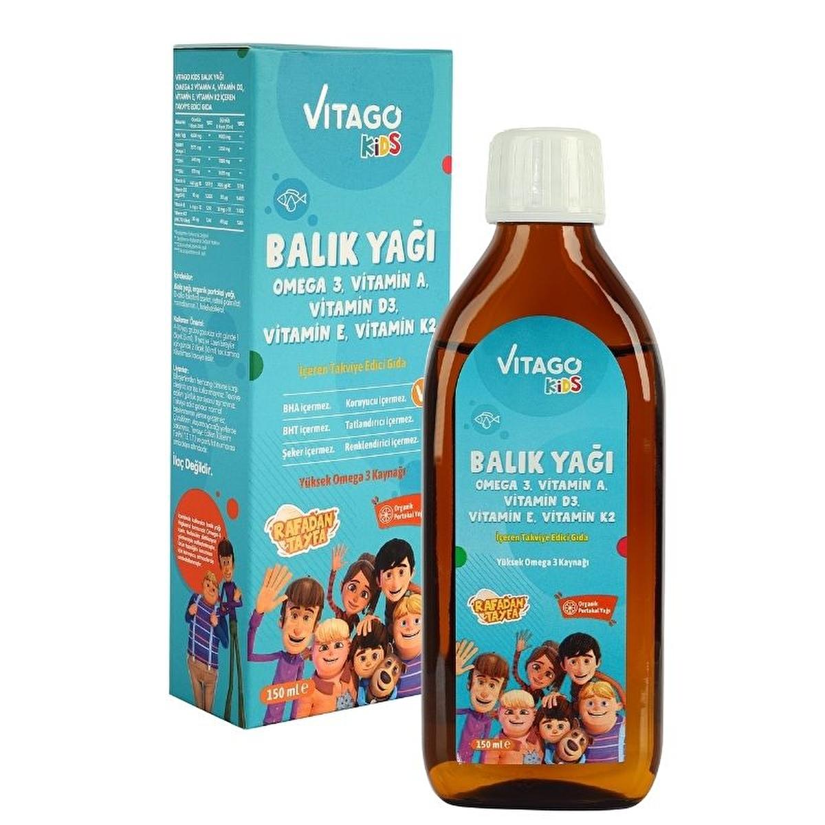 Vitago Kids Omega-3 Fish Oil Syrup with Vitamins A, D3, E, K2 - Delicious Orange Flavor for Brain Development & Immunity - 150ml