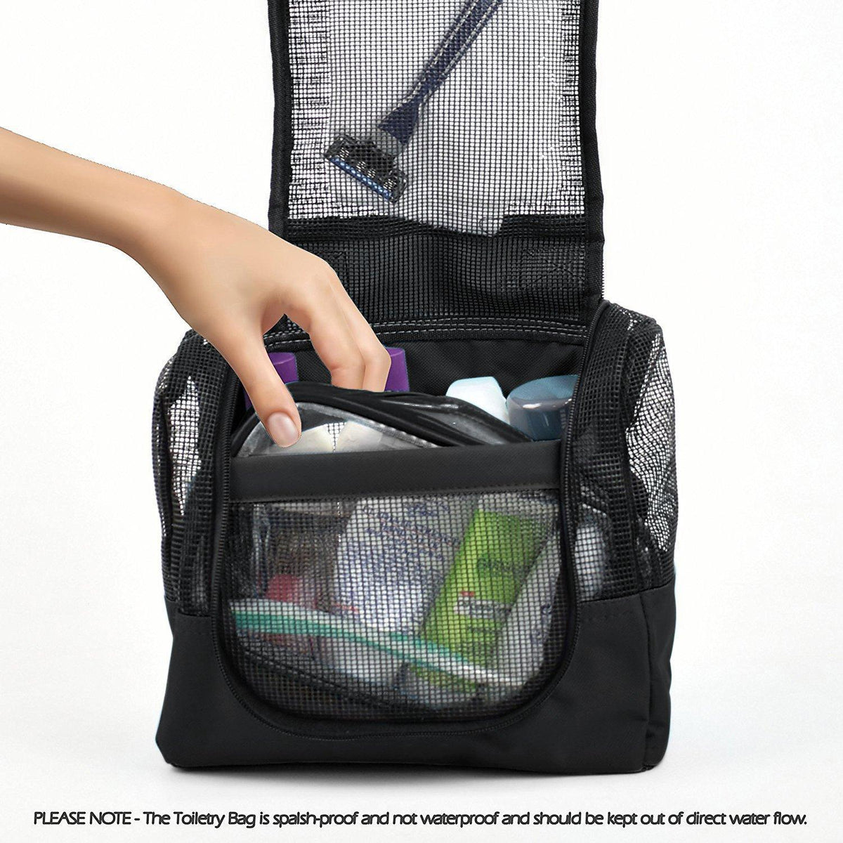 The Fine Living Co. Portable Hanging Shower Caddy Organizer Bag (Free Toiletries Case Metal Hook) Quick Dry Mesh Shower Caddy Tote Bag Pouch For Bathroom College Dorm Camp Gym Camping 10”x4”x8”(Black)