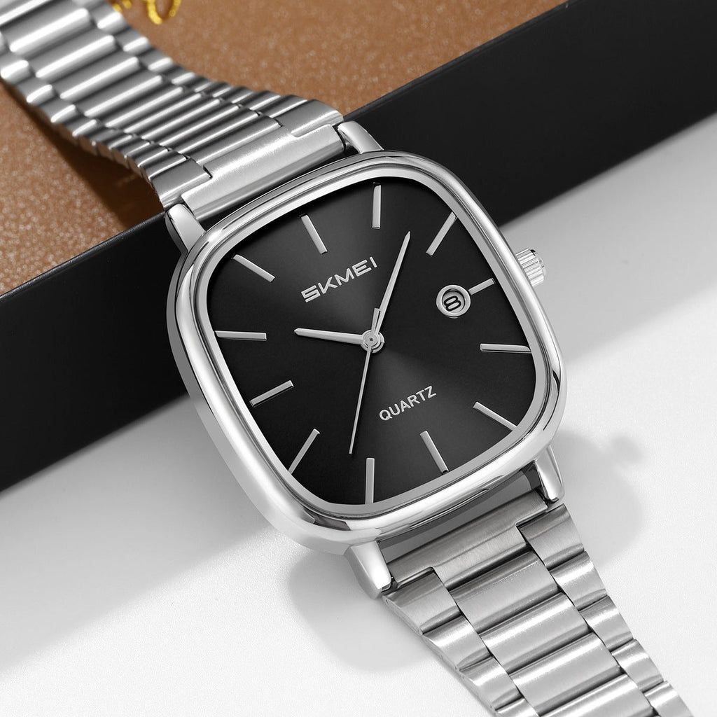 Retro Square-quartz Watch Mens Business Steel-band Calendar Wristwatch