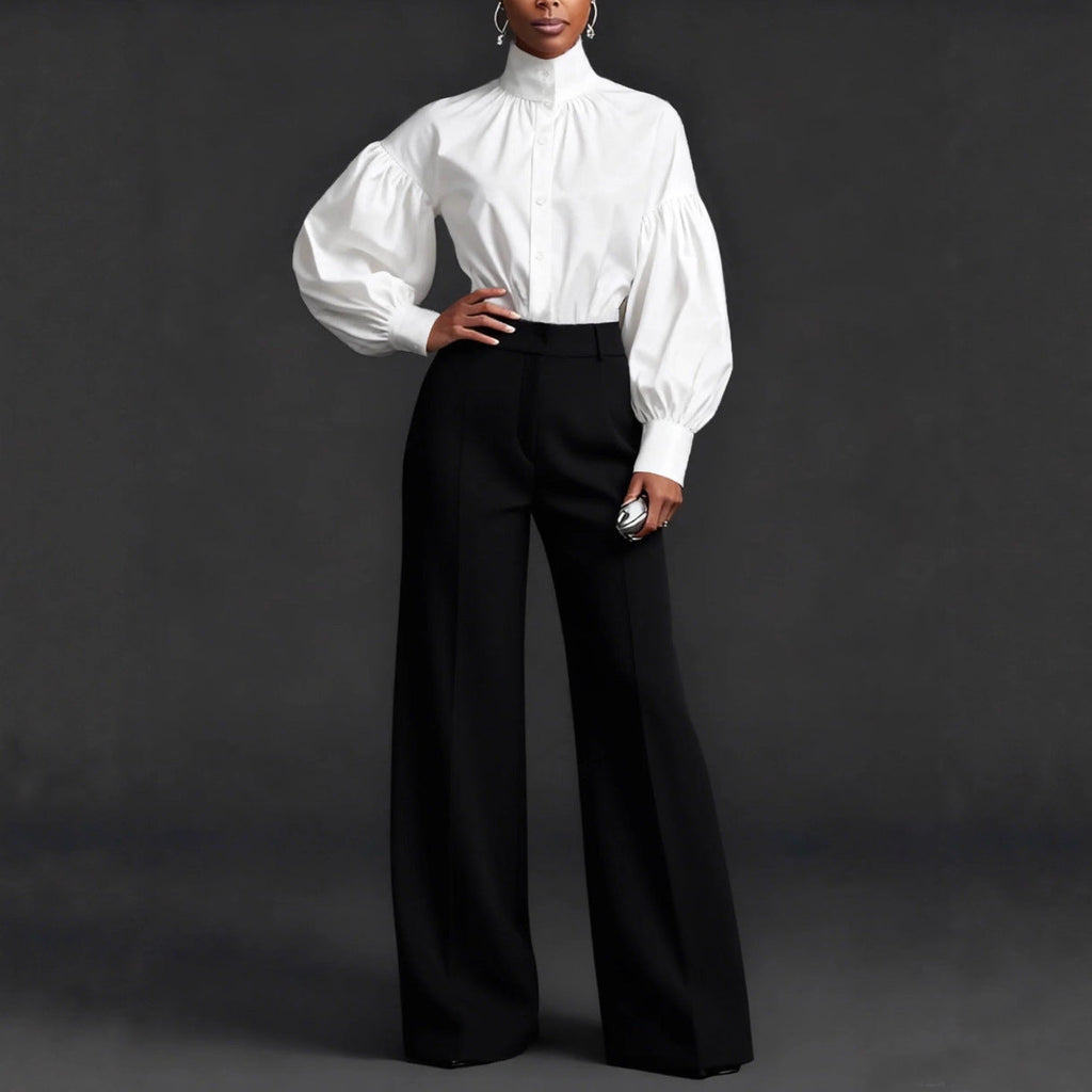 Stylish And Elegant Womens Pleated High-neck Blouse With Puffed Sleeves