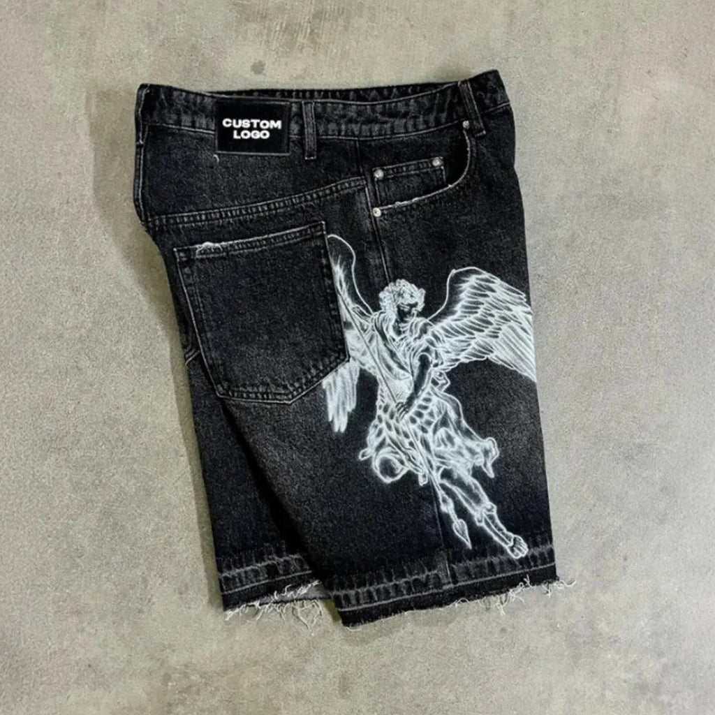 Retro Loose-fit Printed Denim Shorts