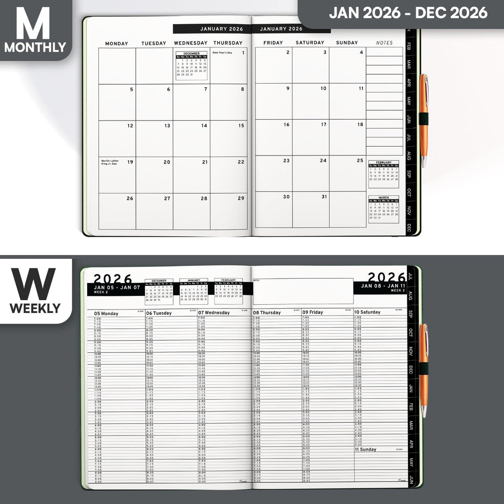 2026 Hardcover Appointment Book Planner 8.5x11 inch Black Large Tabbed Daily Hourly Weekly Planner Schedule Book 15 Minute time Slots Business & Personal Planner Jan 2026 Dec 2026 Black