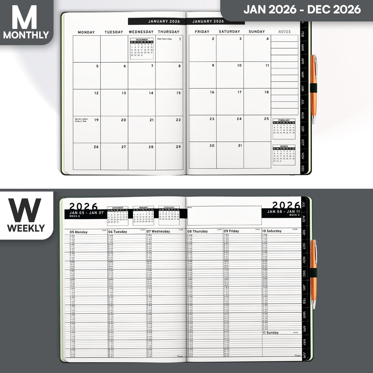 2026 Hardcover Appointment Book Planner 8.5x11 inch Black Large Tabbed Daily Hourly Weekly Planner Schedule Book 15 Minute time Slots Business & Personal Planner Jan 2026 Dec 2026 Black