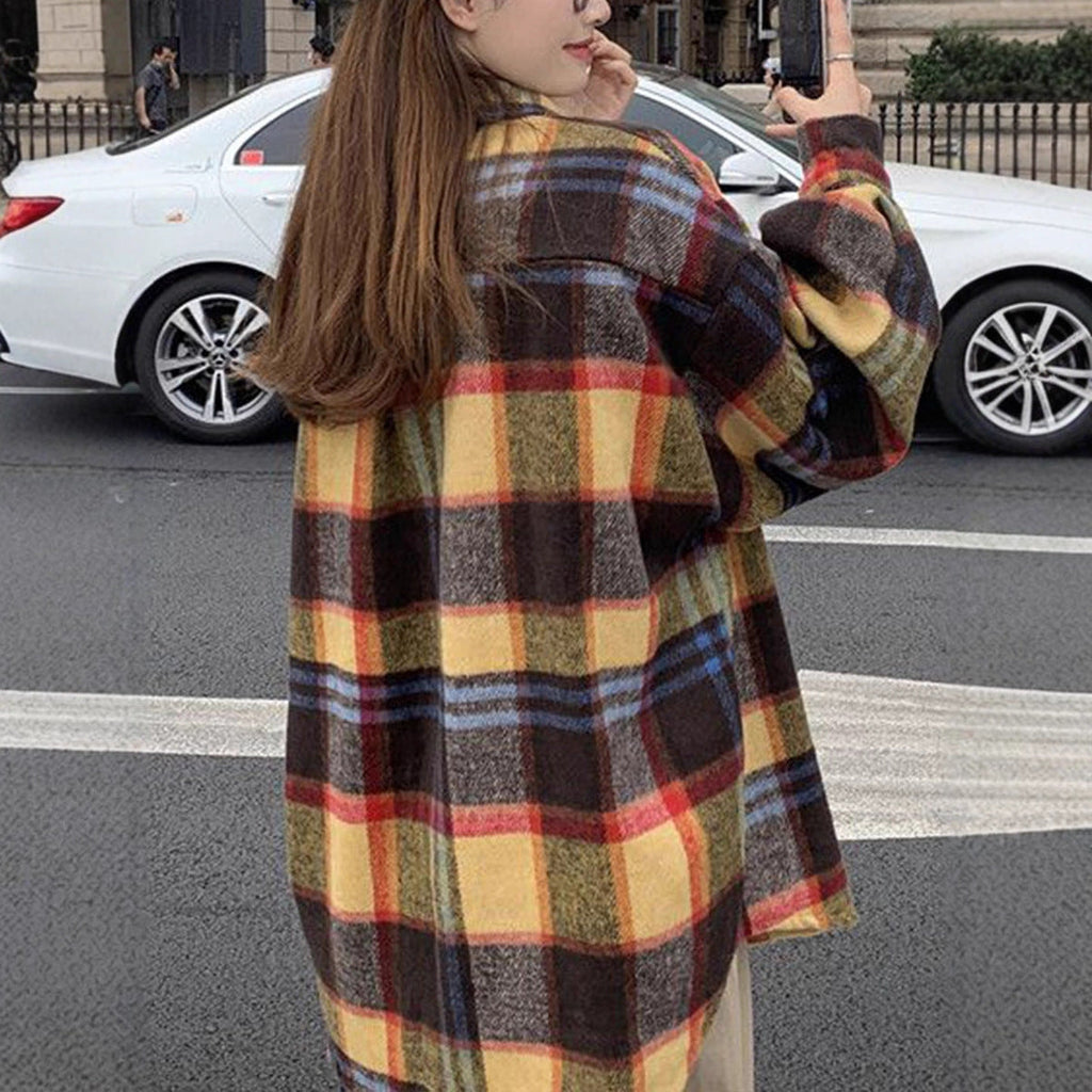 Koreanstyle SpringAutumn FleecLined Thickened Brushed Plaid Shirt For Women