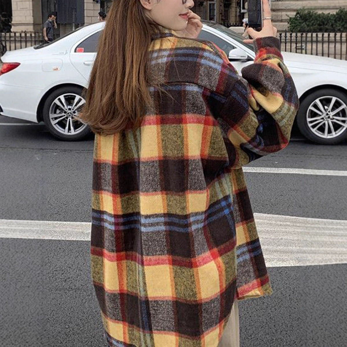 Koreanstyle SpringAutumn FleecLined Thickened Brushed Plaid Shirt For Women