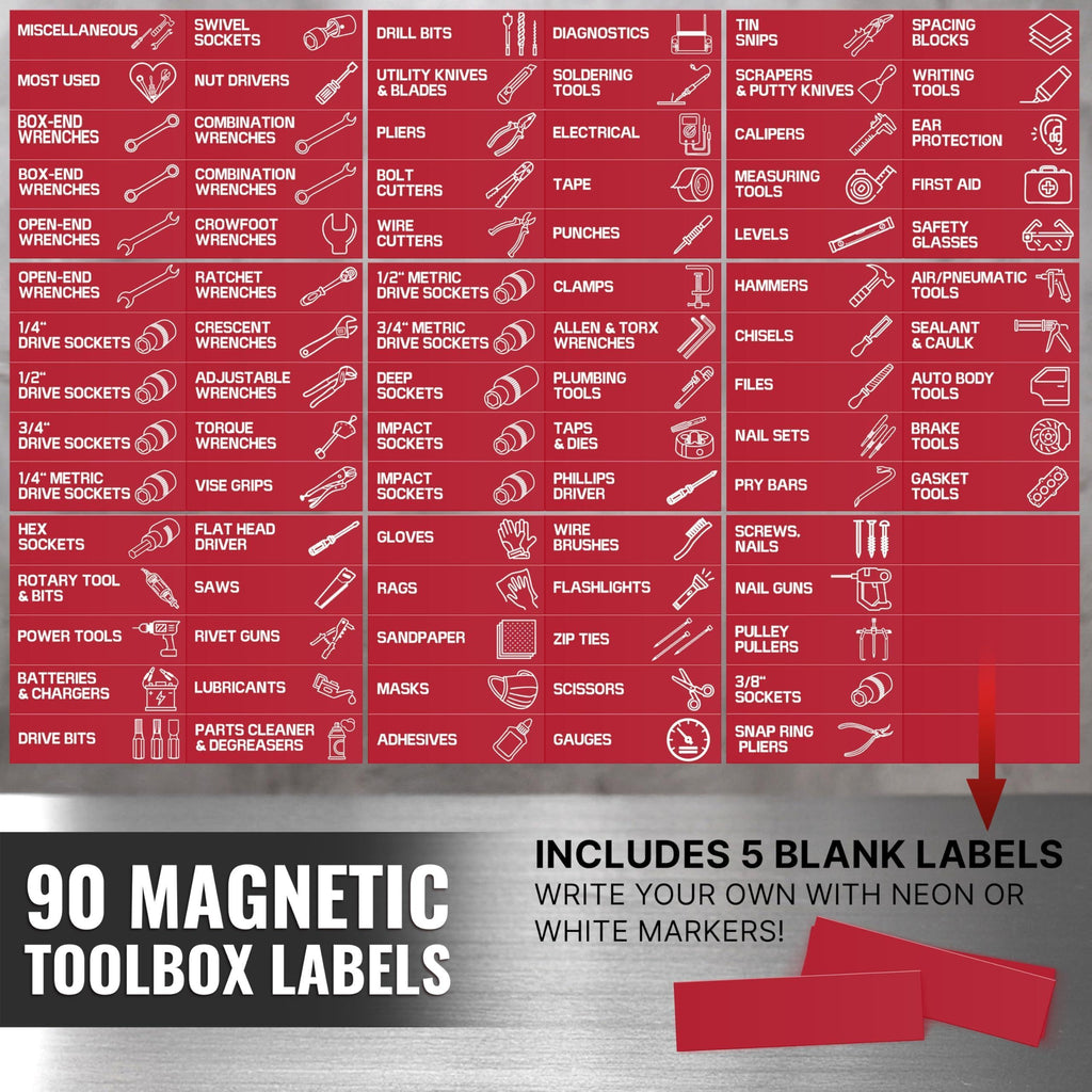 90 Pcs Magnetic Tool Box Labels 3.5x1 inch Red Magnetic Toolbox Labels for Tool Box Drawers Strong Magnet Toolbox Organizer Chest Pre Printed & Blanked Emblems for Organization Toolbox Emblems