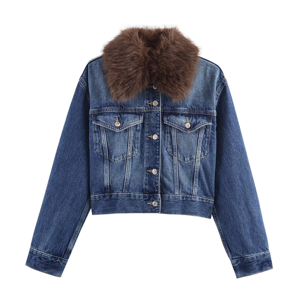 Shorts flip synthetic fur denim jacket