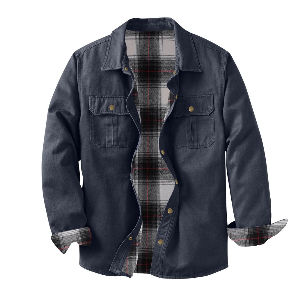 Washed Canvas Work Jacket With A Plaid Lining, Durable And Warm