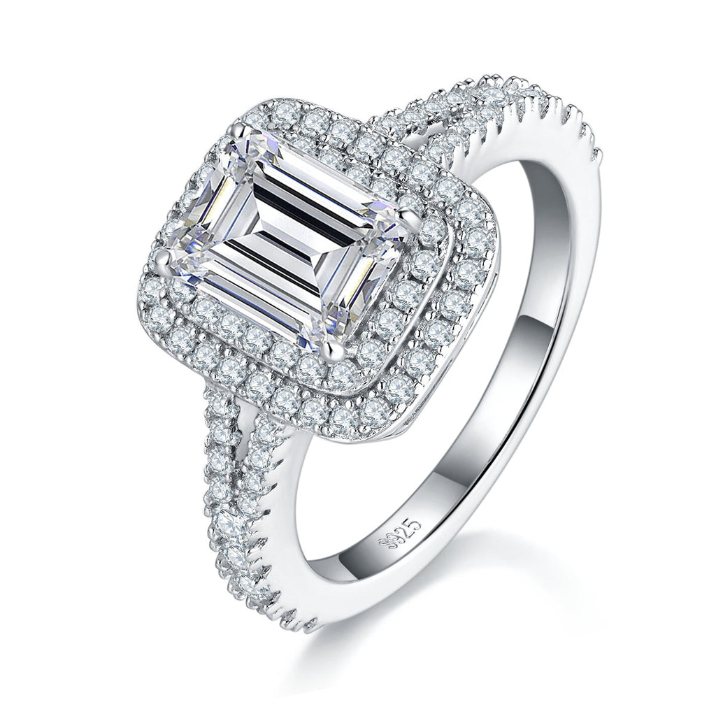 3 Carat Emerald Cut Moissanite Engagement Ring, Double Halo Split Shank S925 Silver Platinum Plated D Color VVS1 With GRA, US 5-9.